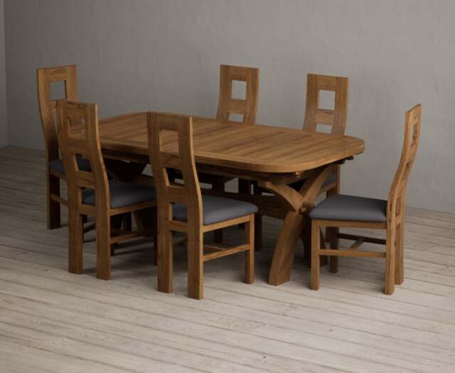 Extending Olympia 180cm Rustic Solid Oak Dining Table with 6 Charcoal Grey Rustic Solid Oak Chairs