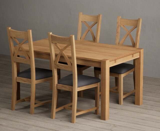Thetford 150cm Solid Oak Dining Table with 4 Charcoal Grey Natural Solid Oak Chairs