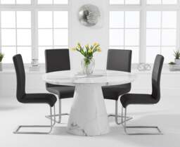 Ravello 130cm Round White Marble Dining Table with 6 Black Austin Chairs