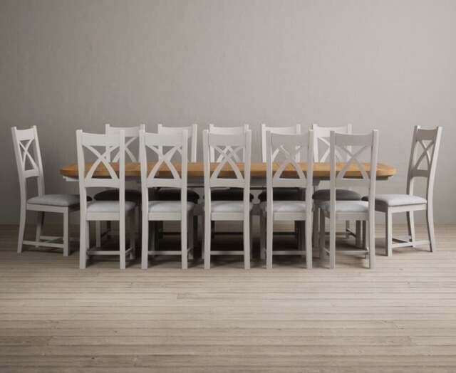 Extending Olympia 180cm Oak and Soft White Painted Dining Table with 6 Light Grey Painted Chairs