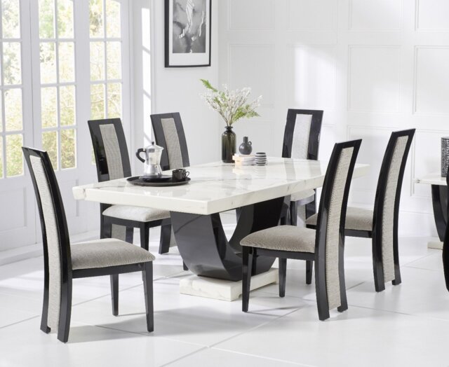 Novara 200cm White and Black Pedestal Marble Dining Table with 10 Black Novara Chairs