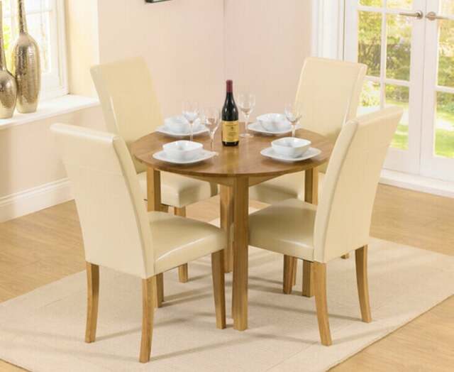 York 90cm Solid Oak Drop Leaf Extending Dining Table with 4 Cream Olivia Chairs