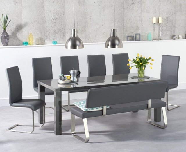 Seattle 200cm Dark Grey High Gloss Dining Table with 2 Grey Austin Chairs with 1 Grey Bench