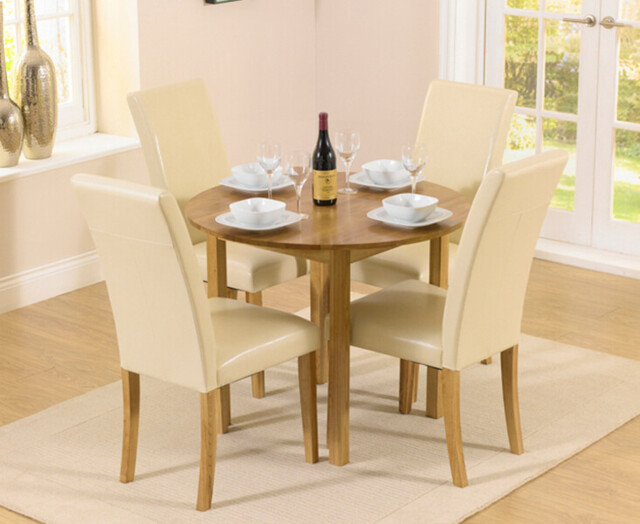 Extending York 90cm Solid Oak Drop Leaf Dining Table with 4 Cream Olivia Chairs