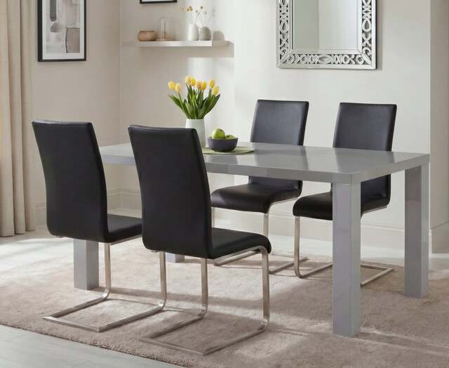 Seattle 160cm Light Grey High Gloss Dining Table with 4 Black Austin Chairs