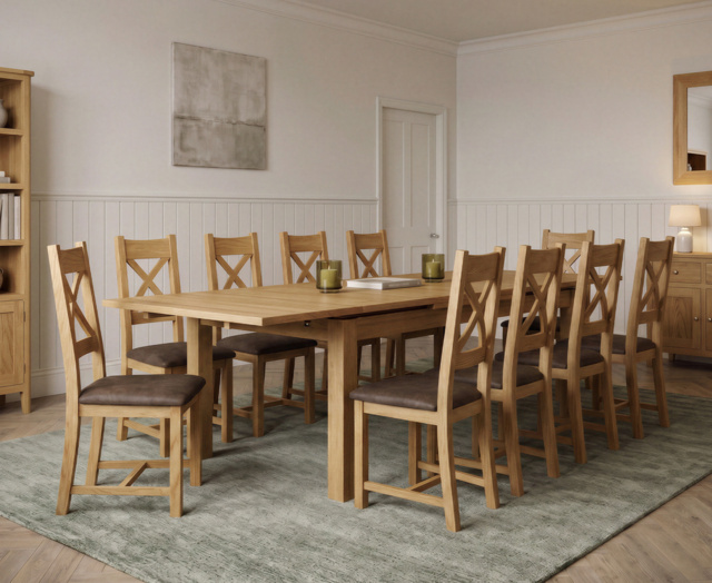 Extending Buxton 140cm Solid Oak Dining Table with 10 Brown Natural Solid Oak Chairs