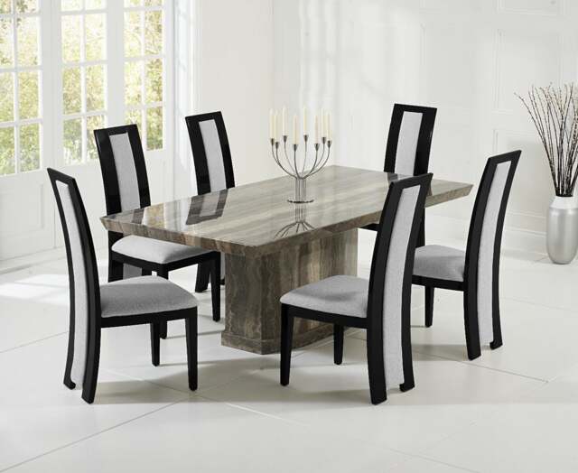 Carvelle 160cm Brown Pedestal Marble Table with 6 Black Novara Chairs
