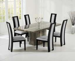 Carvelle 160cm Brown Pedestal Marble Table with 6 Black Novara Chairs