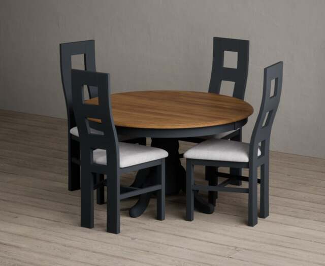 Hertford 120cm Fixed Top Oak and Dark Blue Painted Dining Table with 6 Light Grey Painted Chairs