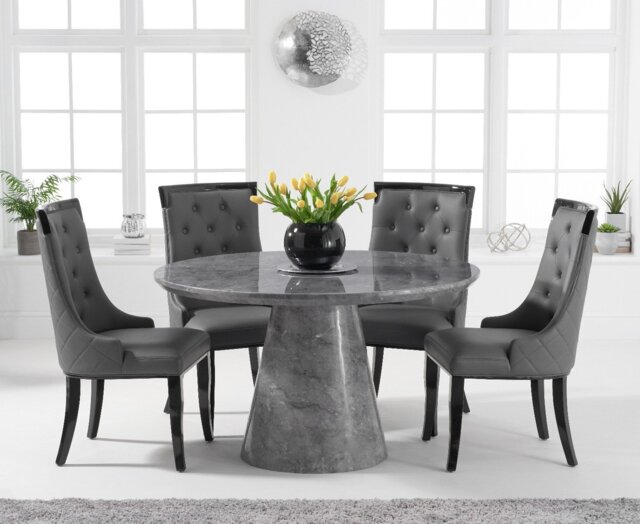 Ravello 130cm Round Grey Marble Dining Table with 4 Grey Francesca Chairs