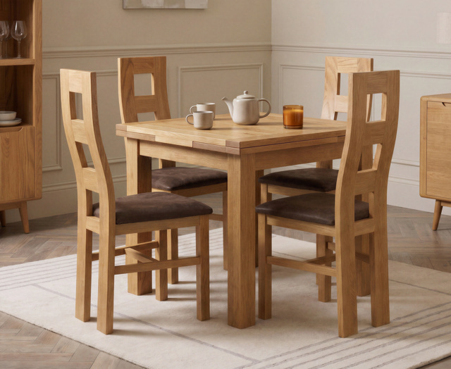 Extending Buxton 90cm Solid Oak Dining Table with 4 Brown Natural Chairs