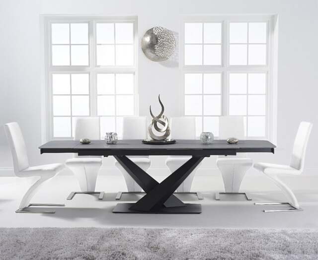 Extending Jacob 180cm Grey Stone Table with 8 White Aldo Chairs