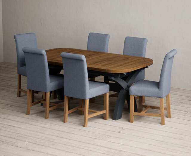 Extending Olympia 180cm Oak and Dark Blue Painted Dining Table with 6 Blue Braced Chairs