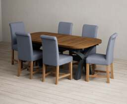 Extending Olympia 180cm Oak and Dark Blue Painted Dining Table with 6 Blue Braced Chairs