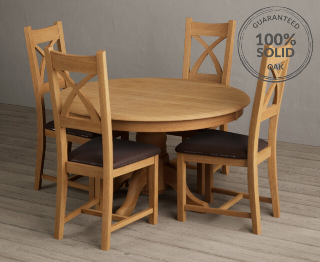 Hertford 120cm Fixed Top Solid Oak Round Pedestal Table with 6 Brown Natural Solid Oak Chairs