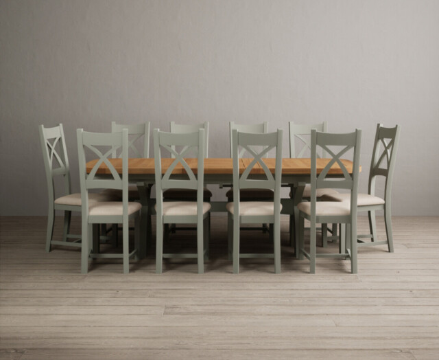 Extending Olympia 180cm Oak and Soft Green Dining Table with 10 Linen Painted Chairs