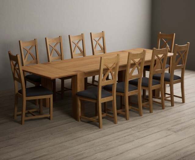 Extending Sheringham 200cm Solid Oak Table with 10 Charcoal Grey Natural Solid Oak Chairs