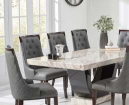 Novara 200cm Cream and Black Pedestal Marble Dining Table with 12 Grey Francesca Chairs
