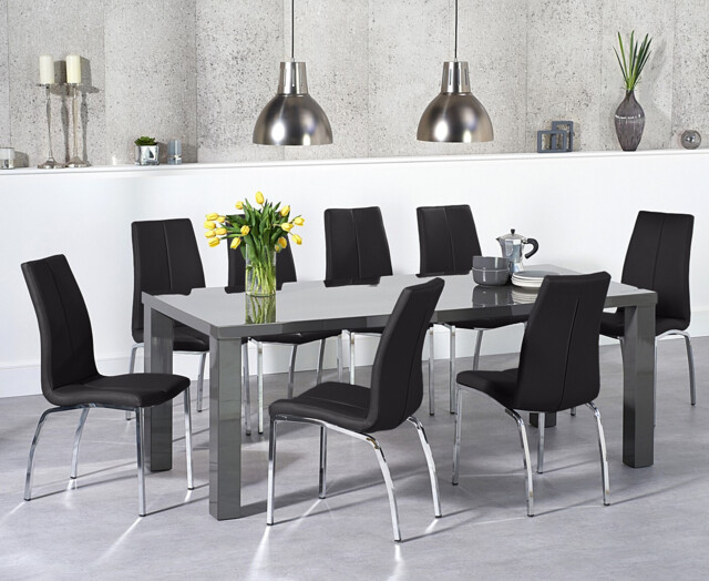 Seattle 200cm Dark Grey High Gloss Dining Table with 6 Black Marco Chairs