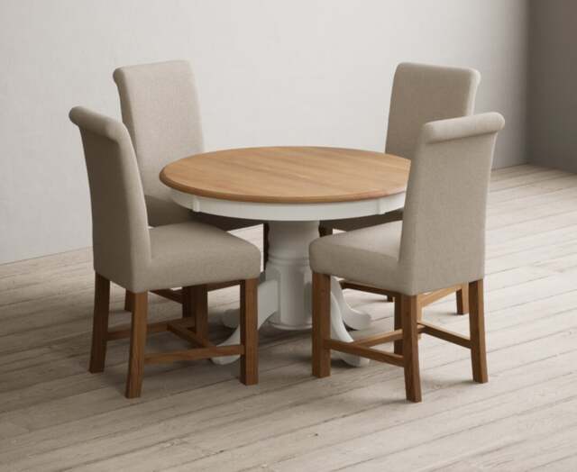 Extending Hertford 100cm - 130cm Oak and Signal White Painted Pedestal Dining Table with 4 Natural Braced Chairs