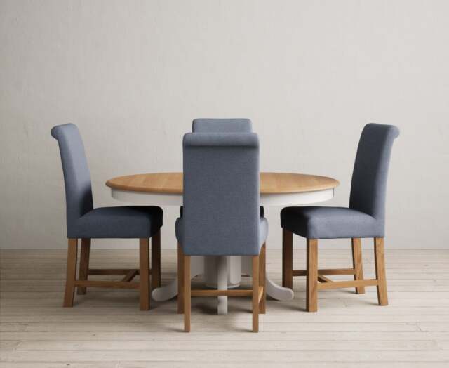 Extending Hertford 100cm - 130cm Oak and Soft White Painted Pedestal Dining Table with 4 Blue Braced Chairs