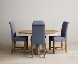 Extending Hertford 100cm - 130cm Oak and Soft White Painted Pedestal Dining Table with 4 Blue Braced Chairs