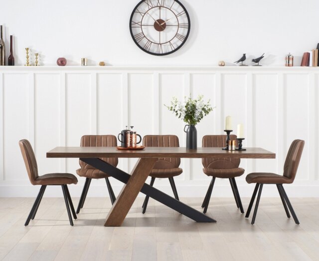 Michigan 180cm Rustic Oak and Metal Black Leg Industrial Dining Table with 6 Brown Hendrick Chairs