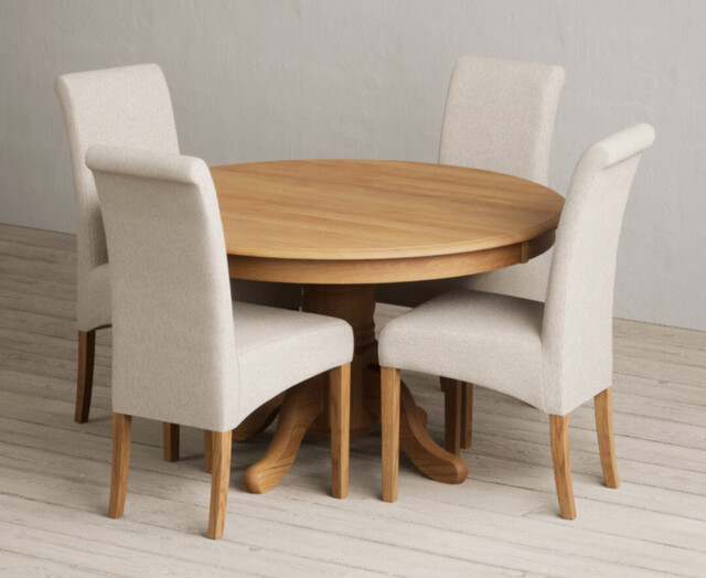 Hertford 120cm Fixed Top Solid Oak Round Pedestal Table with 4 Natural Scroll Back Chairs