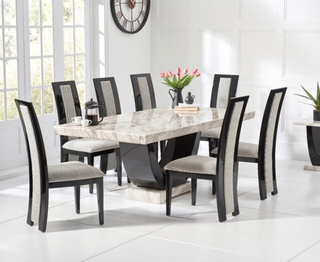 Novara 200cm Cream and Black Pedestal Marble Dining Table with 10 Black Novara Chairs