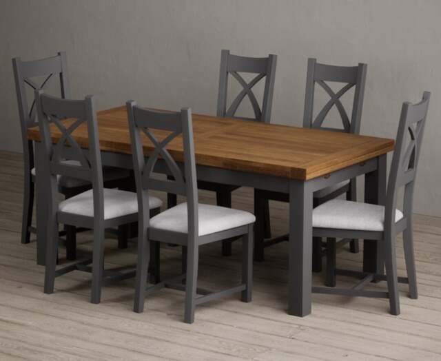 Extending Buxton 180cm Oak and Charcoal Grey Painted Dining Table with 6 Blue Painted Chairs