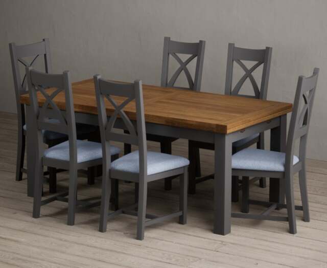 Extending Buxton 180cm Oak and Charcoal Grey Dining Table with 6 Blue Painted Chairs