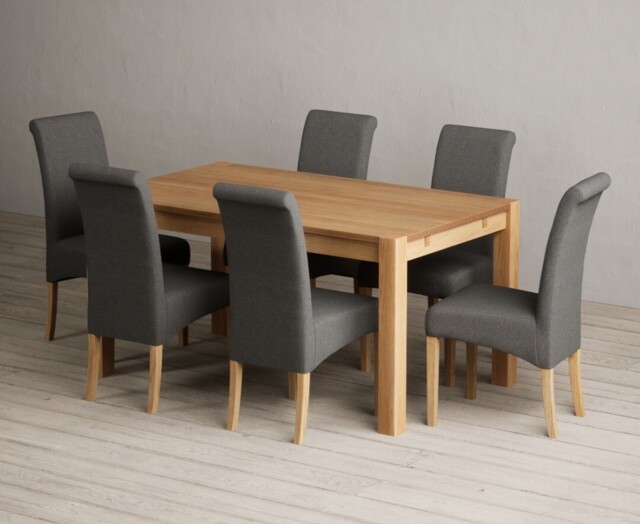 Thetford 150cm Solid Oak Dining Table with 6 Charcoal Grey Scroll Back Chairs