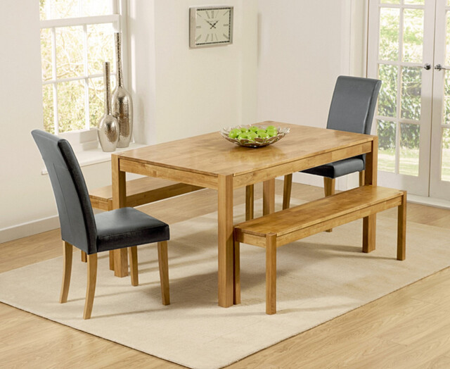 York 150cm Solid Oak Dining Table with 2 Grey Olivia Chairs and 1 Oak Bench