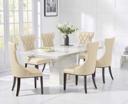 Carvelle 160cm White Pedestal Marble Dining Table with 6 Cream Sophia Chairs