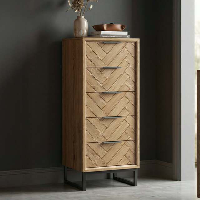 Herringbone Solid Oak 5 Drawer Tallboy Chest
