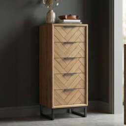 Herringbone Solid Oak 5 Drawer Tallboy Chest
