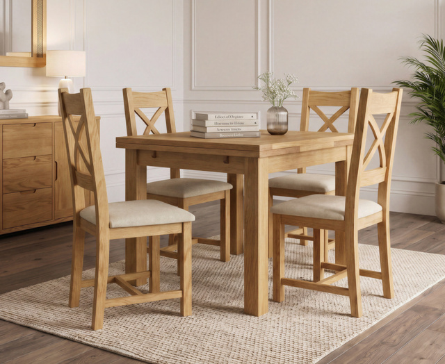 Extending Buxton 90cm Solid Oak Dining Table with 4 Linen Natural Solid Oak Chairs