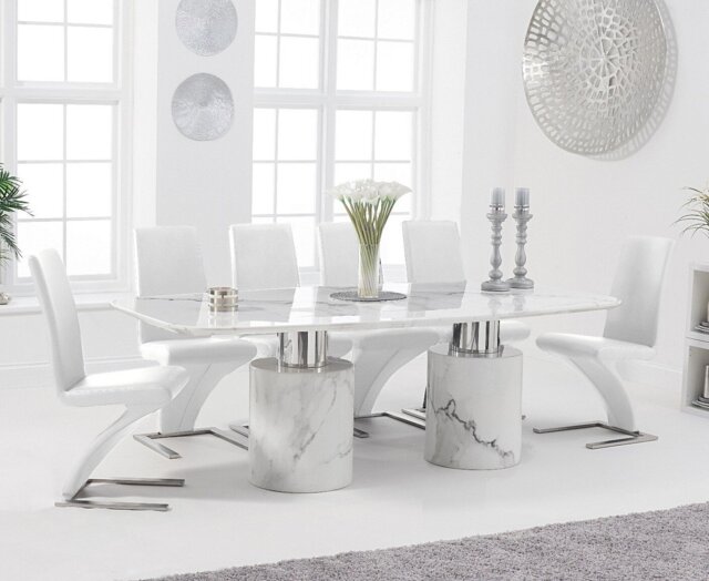 Antonio 220cm White Marble Dining Table with 8 White Aldo Chairs