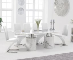 Antonio 220cm White Marble Dining Table with 8 White Aldo Chairs