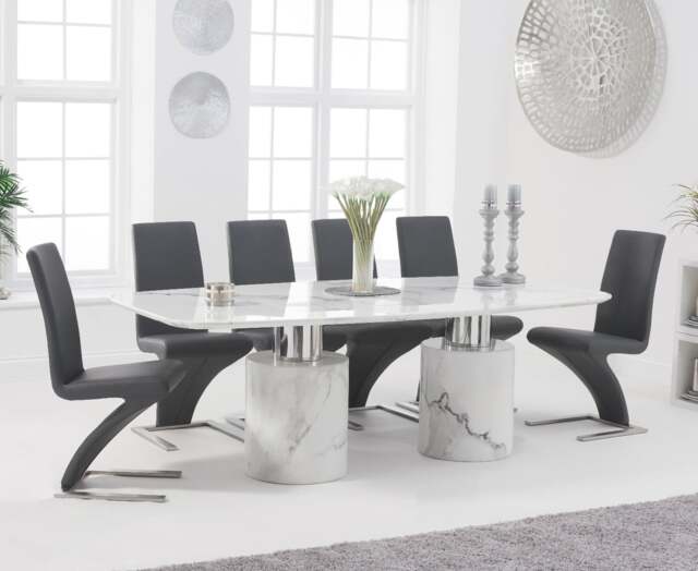 Antonio 220cm White Marble Dining Table with 8 Grey Aldo Chairs