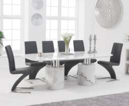 Antonio 220cm White Marble Dining Table with 8 Grey Aldo Chairs