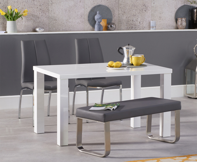 Seattle 120cm White High Gloss Dining Table with 4 Grey Marco Chairs with 2 Grey Benches