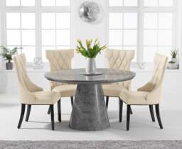 Ravello 130cm Round Grey Marble Dining Table with 6 Cream Sophia Chairs