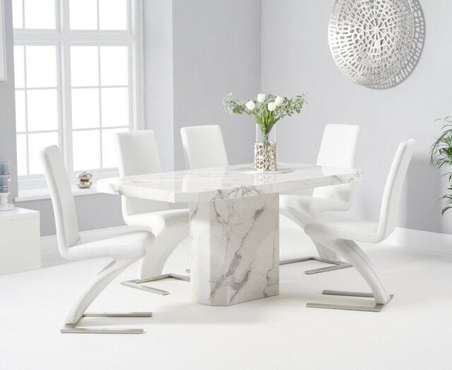 Belle 160cm White Marble Dining Table with 8 White Aldo Chairs