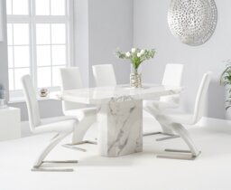 Belle 160cm White Marble Dining Table with 8 White Aldo Chairs