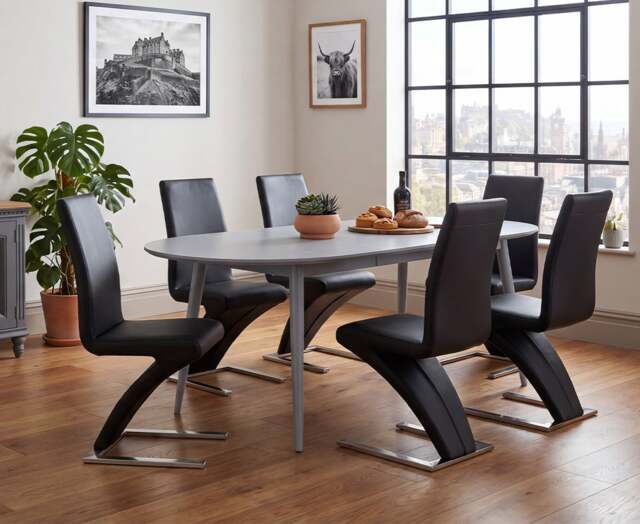 Extending Veneti Light Grey High Gloss Dining Table with 6 Black Aldo Chairs