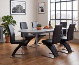 Extending Veneti Light Grey High Gloss Dining Table with 6 Black Aldo Chairs