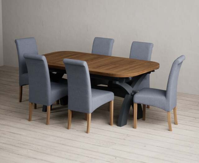 Extending Olympia 180cm Oak and Dark Blue Dining Table with 6 Blue Scroll Back Chairs