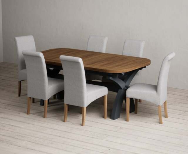 Extending Olympia 180cm Oak and Dark Blue Painted Dining Table with 6 Blue Scroll Back Chairs