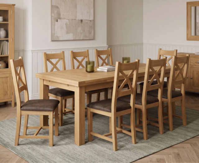 Extending Buxton 140cm Solid Oak Dining Table with 8 Brown Natural Solid Oak Chairs